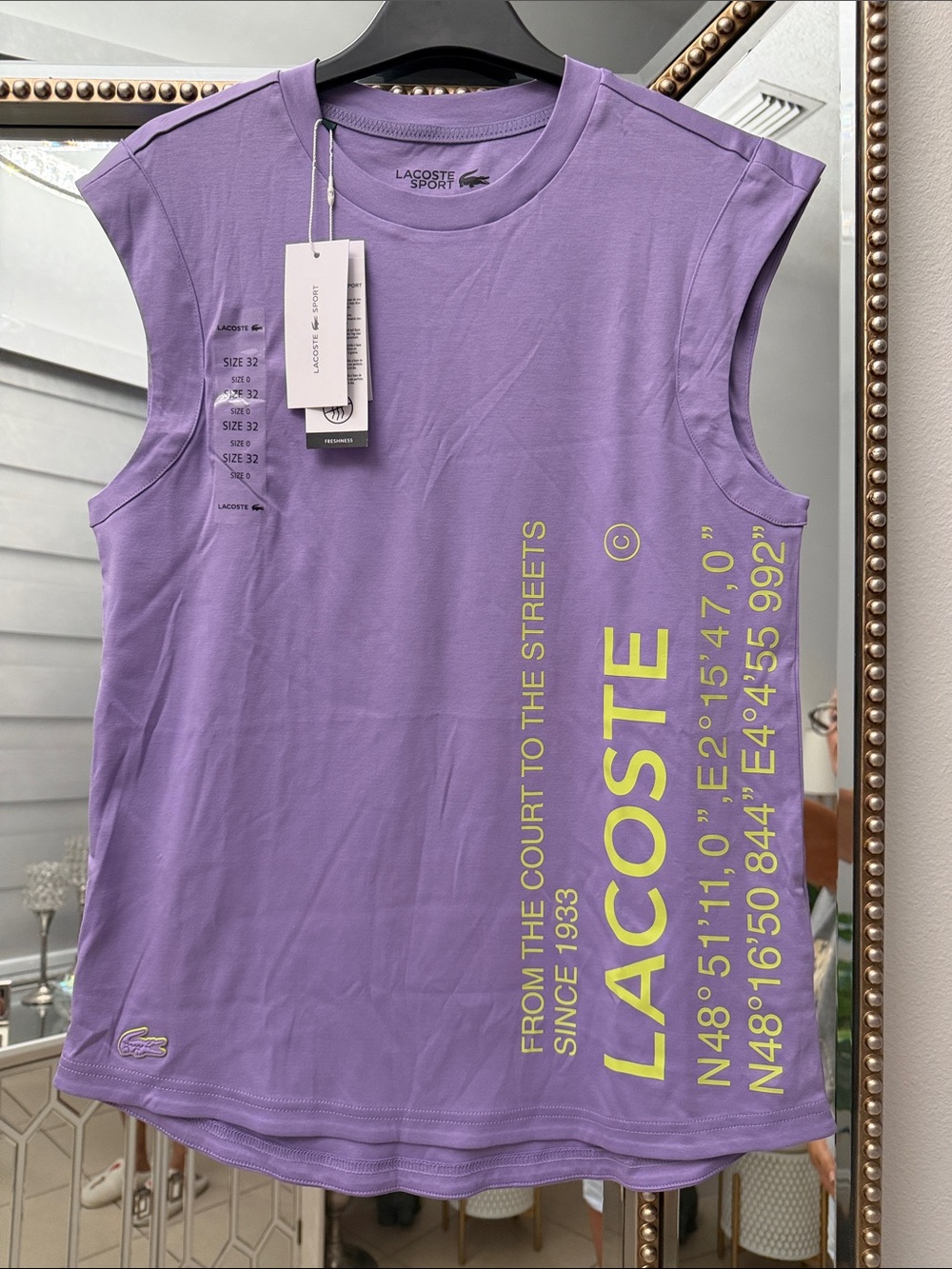 Lacoste Lavender Sleeveless Sport Tee with Neon Yellow Logo